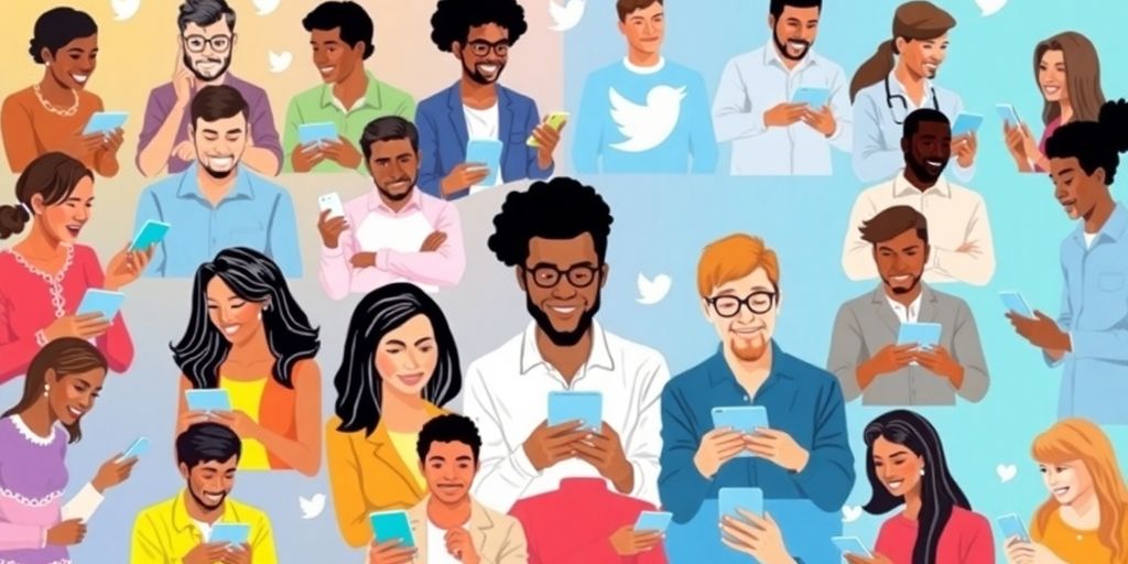 People engaged with social media on devices in a lively scene.