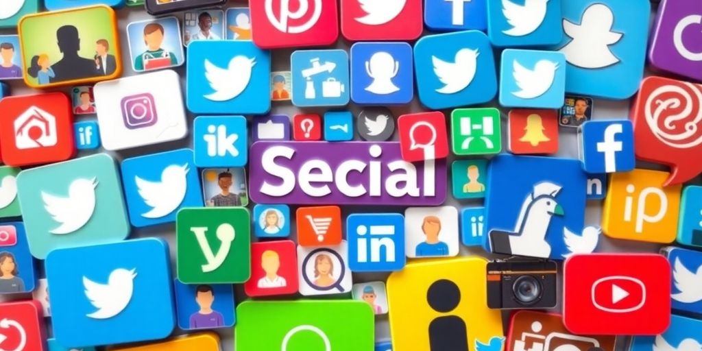 Collage of social media icons and multimedia content.
