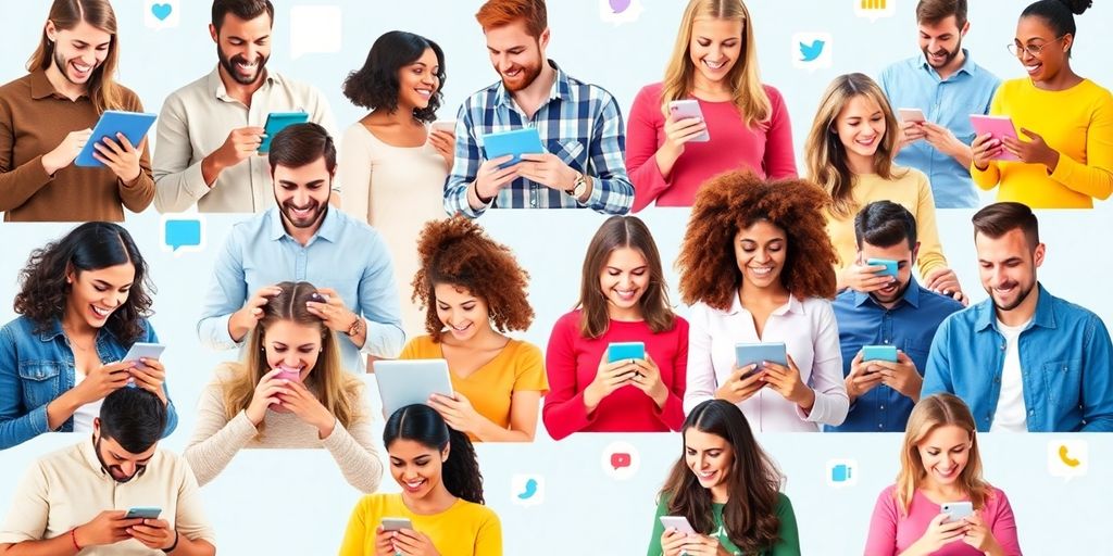 People interacting with smartphones in a vibrant digital setting.