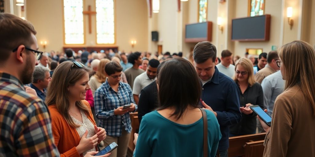 Engaged community in a modern church setting with technology.