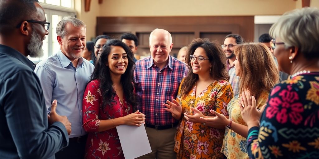 Church members engaged in a lively group discussion.