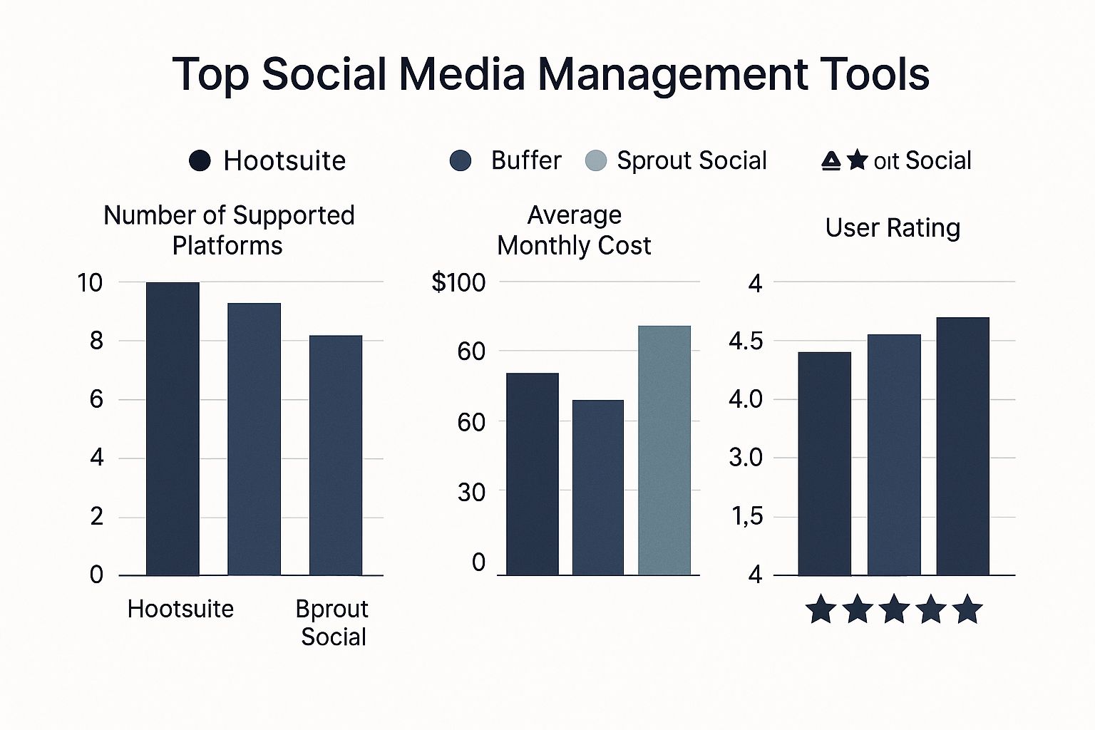 Infographic comparing Hootsuite, Buffer, and Sprout Social on supported platforms, cost, and user ratings.