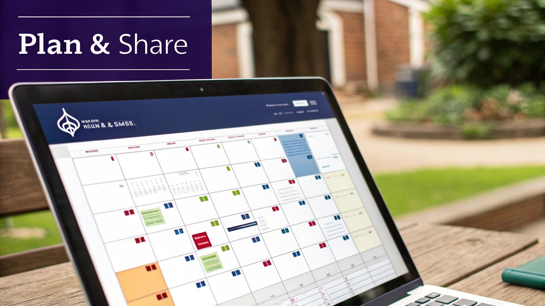 A calendar on a desk with dates circled and notes attached, next to a laptop.