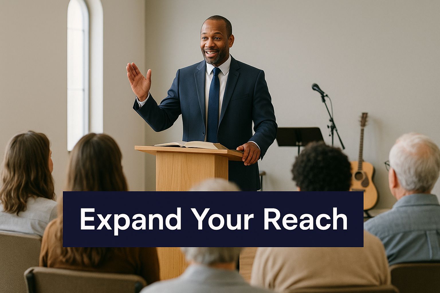An infographic showing a pastor giving a sermon with the text overlay 'Expand Your Reach', visualizing how churches can use content repurposing tools to extend their message.