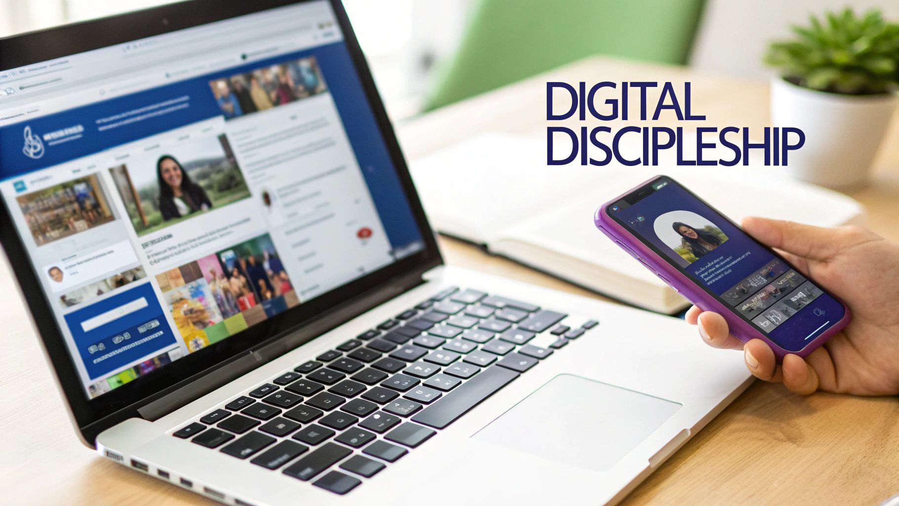 A planner open on a desk, showing a week's worth of content scheduled, symbolizing digital ministry planning.