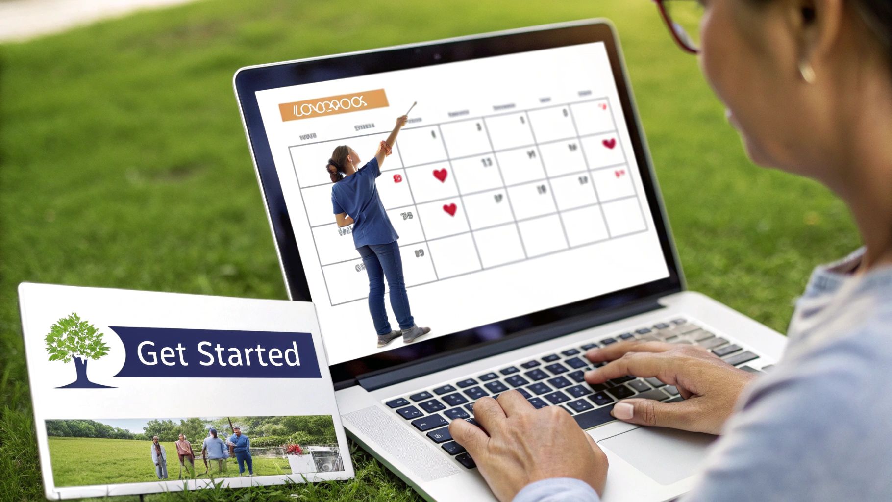A clean, organized desk with a calendar, indicating a simple and effective social media planning process.