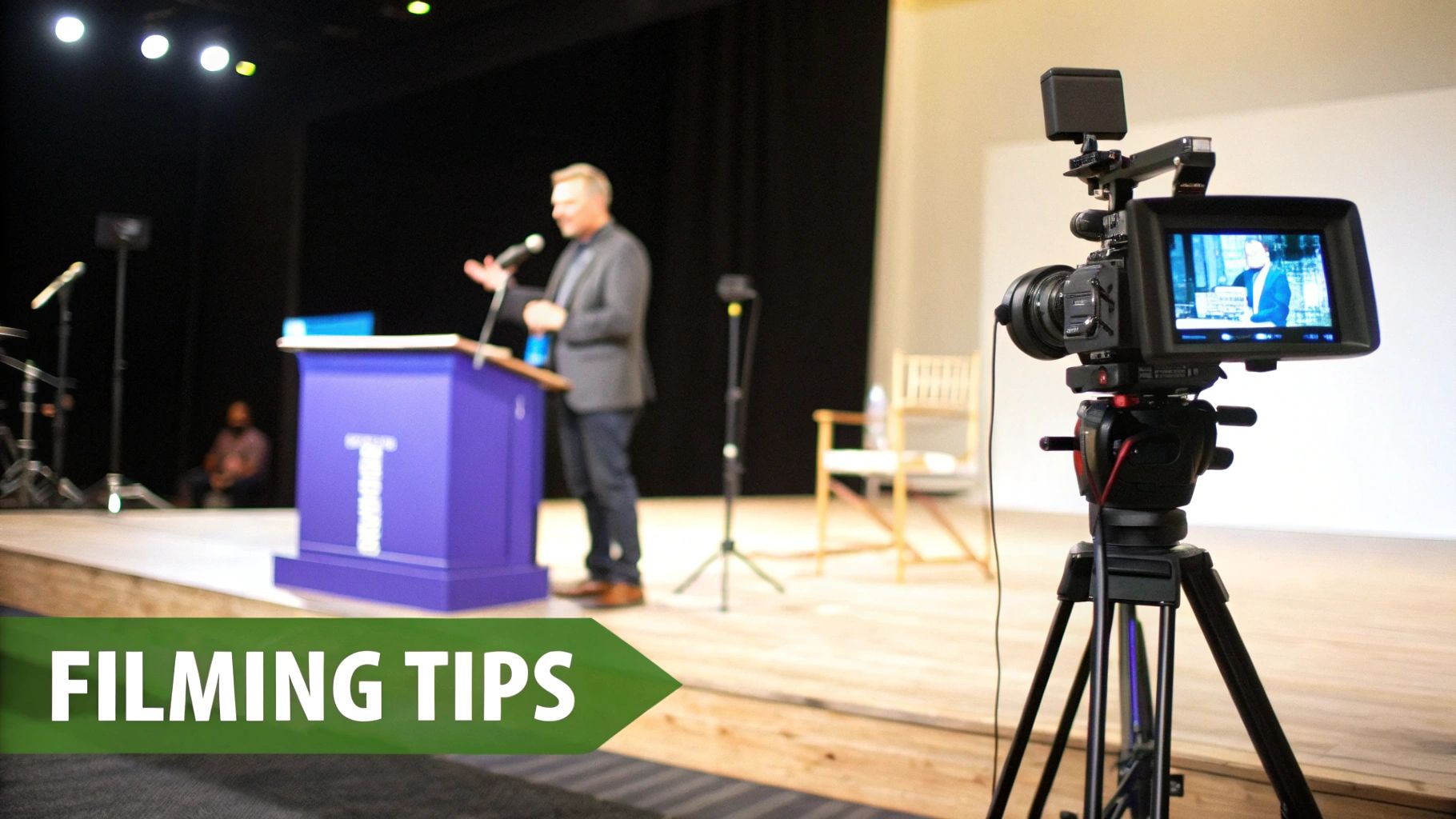 A single camera on a tripod is set up in an empty church, pointing towards the stage.