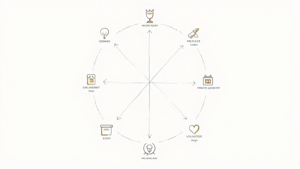 A minimalist desk setup with a planner, coffee, and a plant, suggesting organized content planning without people.