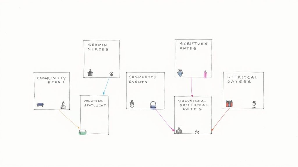 A close-up of a physical calendar with colored sticky notes marking different ministry events and themes.
