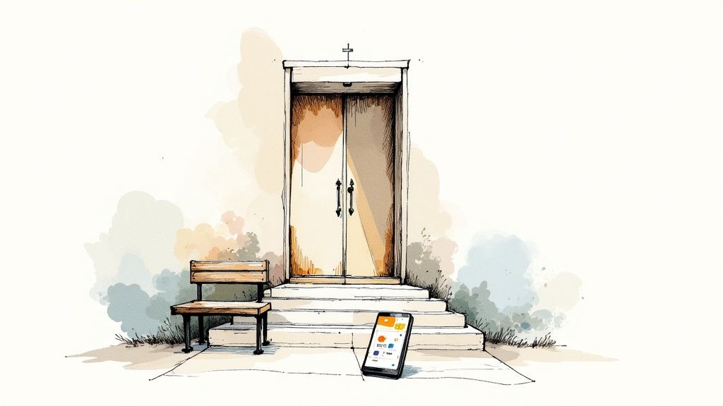 A clean, modern church interior with rows of empty wooden pews facing a simple stage, bathed in soft, natural light from large windows.