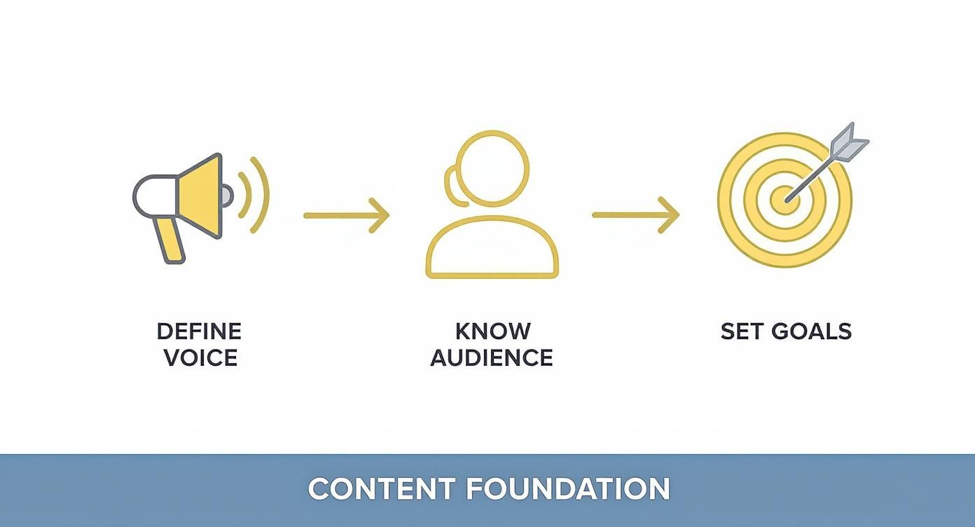 Infographic showing a process flow with three steps: Define Voice with a microphone icon, Know Audience with a person icon, and Set Goals with a target icon.