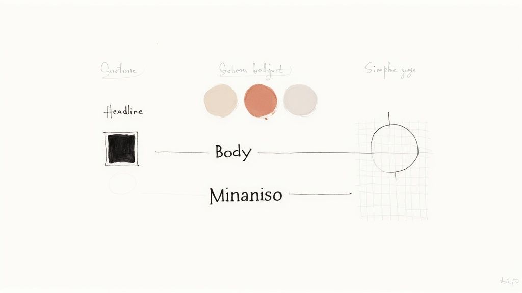 A mood board with color swatches, font samples, and inspirational design elements laid out on a clean, light-colored wooden table.