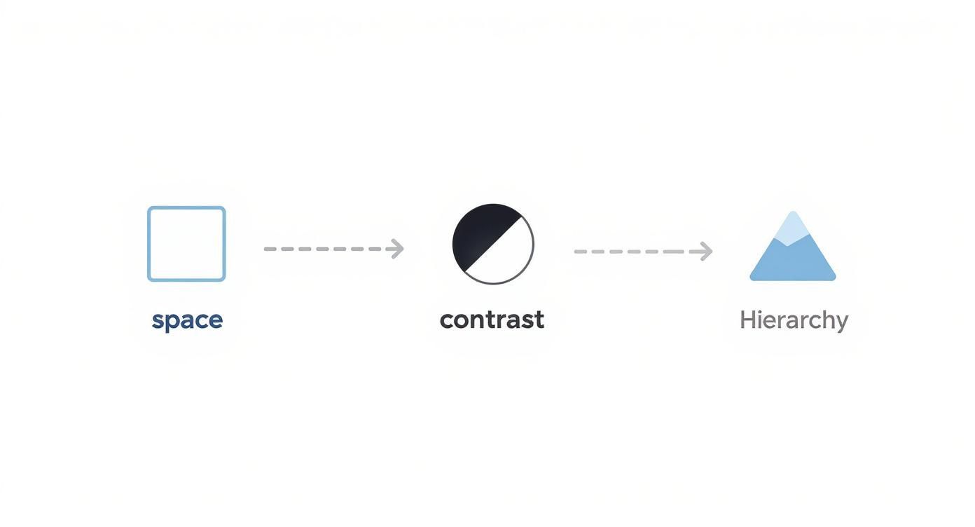 Infographic showing a horizontal process flow for ministry design with icons for Space, Contrast, and Hierarchy.