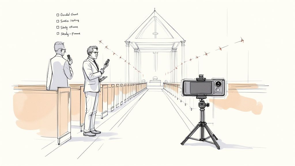 A simple film setup with a smartphone on a tripod, a small light, and a microphone, ready to record.