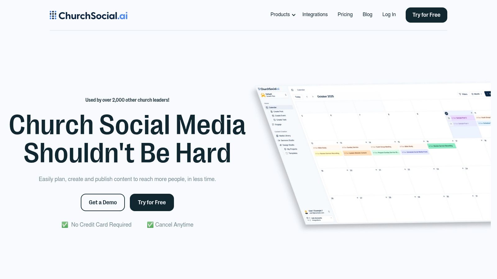 ChurchSocial.ai platform showcasing its visual calendar and content creation tools.