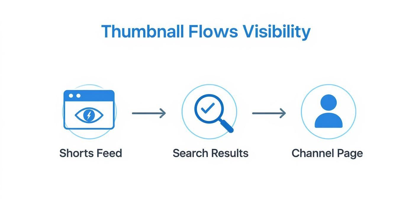 Infographic showing that YouTube Shorts thumbnails are visible in Search Results and on the Channel Page, but not in the Shorts Feed