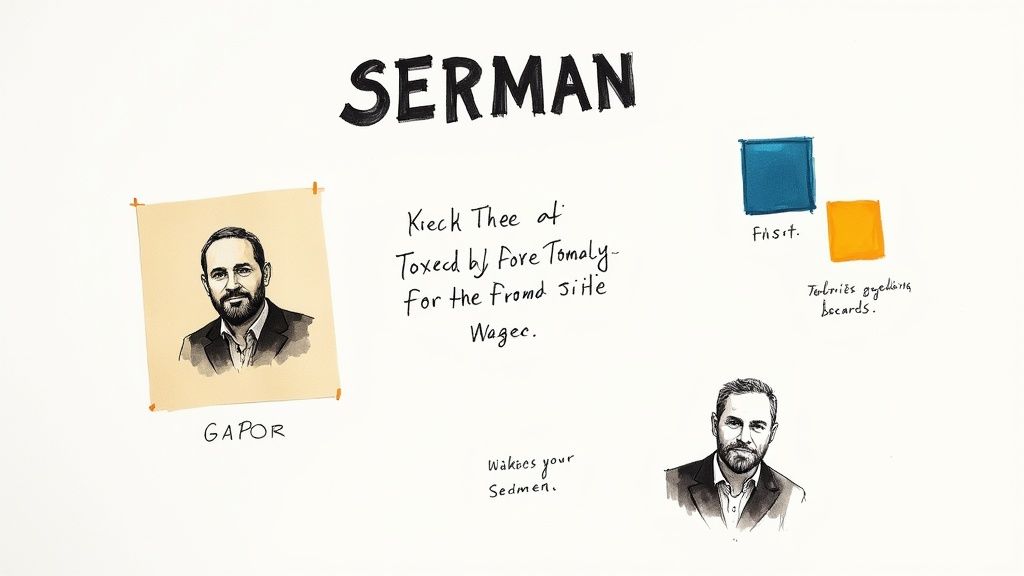 A notebook with design sketches for a thumbnail on a wooden desk.