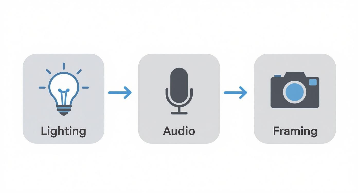 Infographic showing simple video creation elements: a light bulb icon for Lighting, a microphone icon for Audio, and a camera focus icon for Framing.