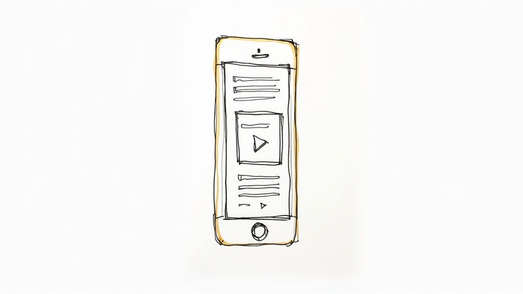 Hand-drawn sketch of smartphone displaying social media feed with video play button and content