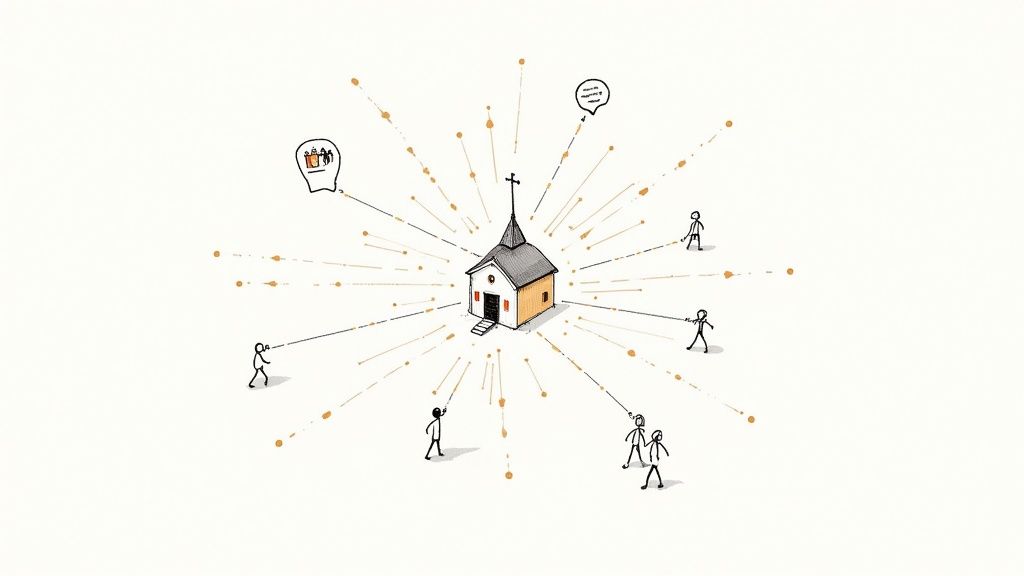 Stick figures walking toward church building with radiating lines showing community connection and engagement