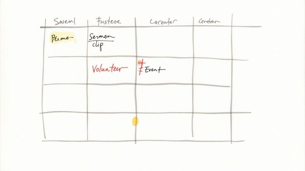 Hand-drawn monthly calendar grid showing scheduled activities including sermon clip, volunteer work, and event planning