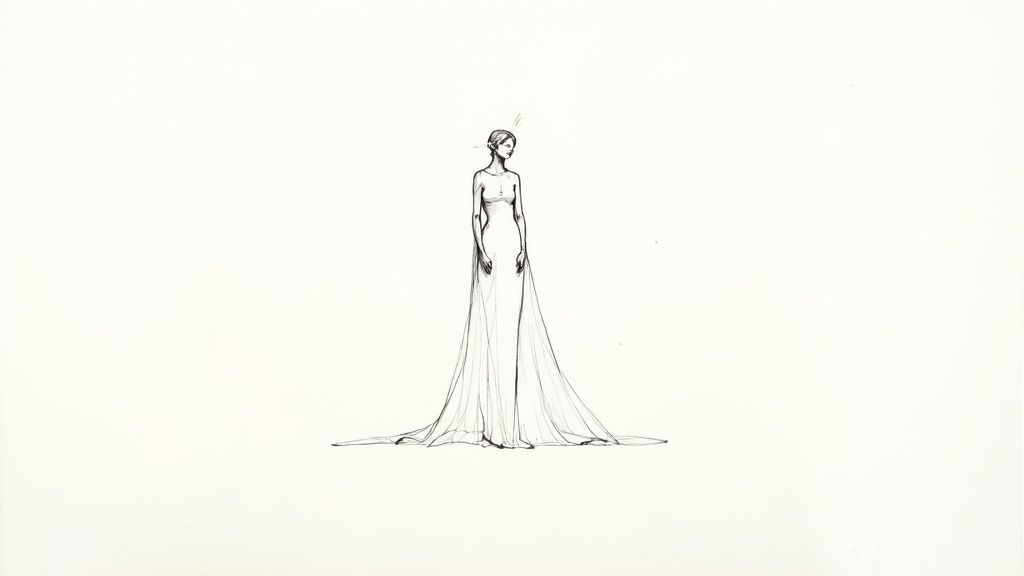 Elegant fashion sketch of woman in flowing wedding gown with long train