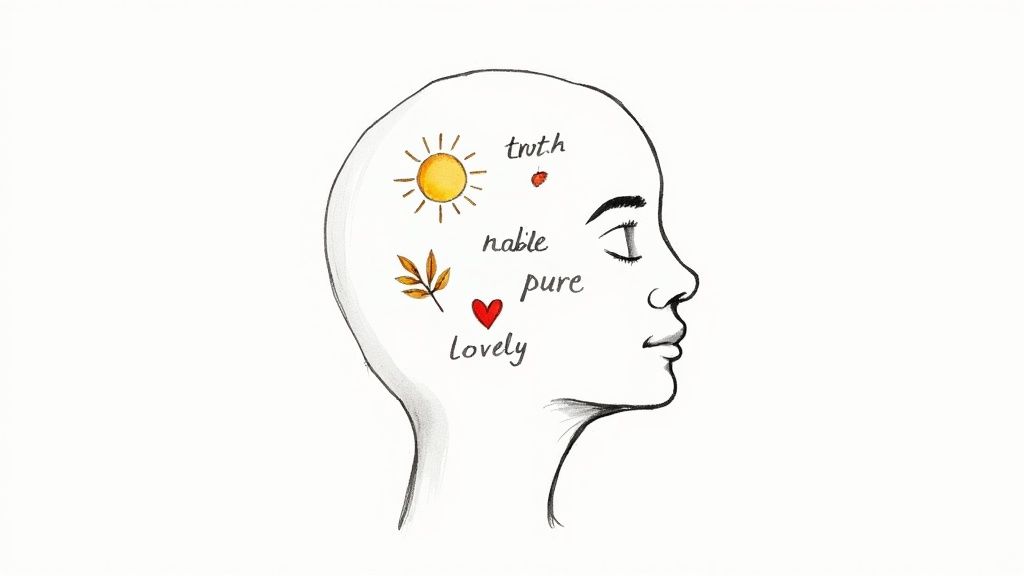 Profile silhouette with positive words truth, noble, pure, lovely and heart symbol representing mindful thinking