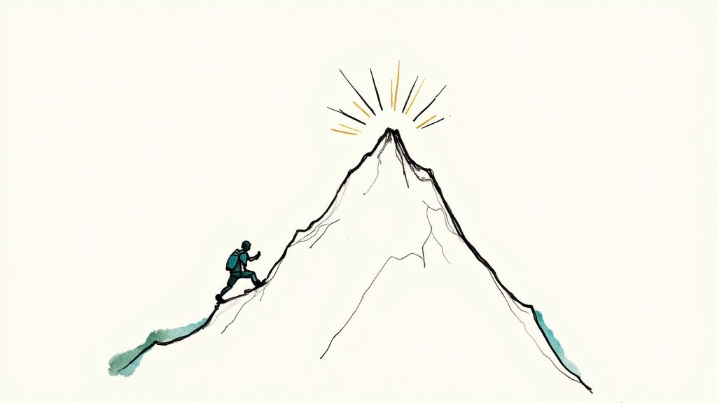 Minimalist illustration of hiker climbing mountain toward glowing summit representing spiritual journey and achievement