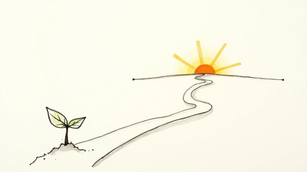 Winding path leading toward sunrise with small plant sprouting symbolizing growth and new beginnings