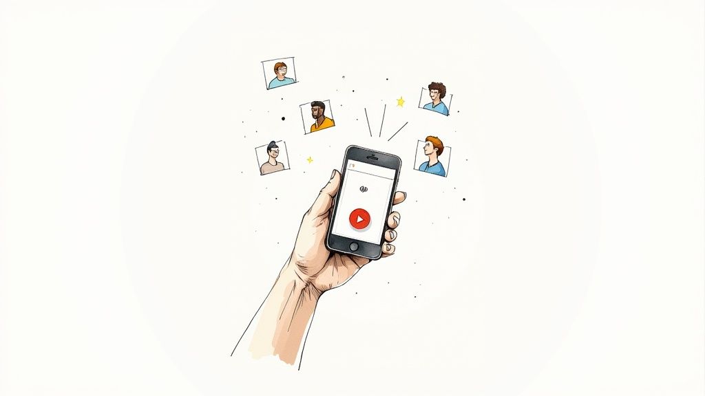 Hand holding smartphone with play button showing avatars of church congregation members sharing announcements