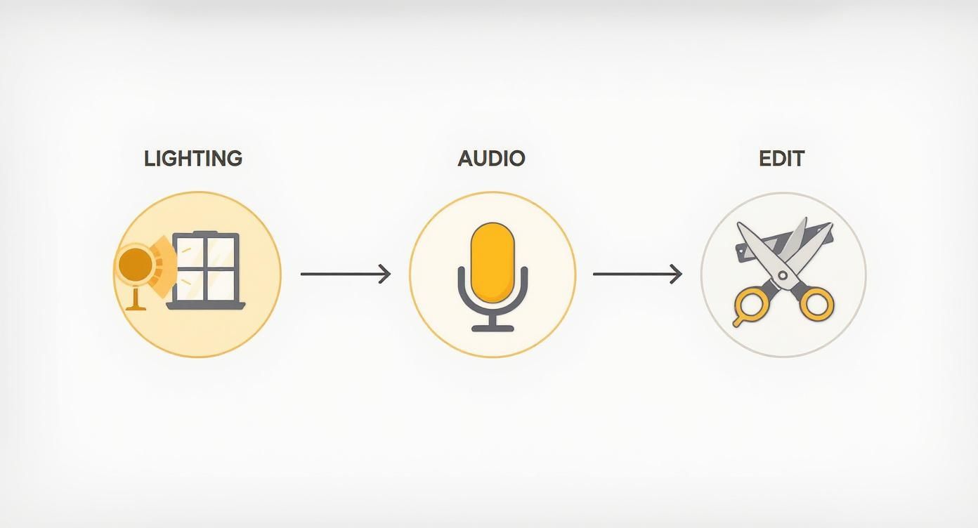 Video production workflow diagram showing lighting setup, audio recording with microphone, and editing with scissors icon
