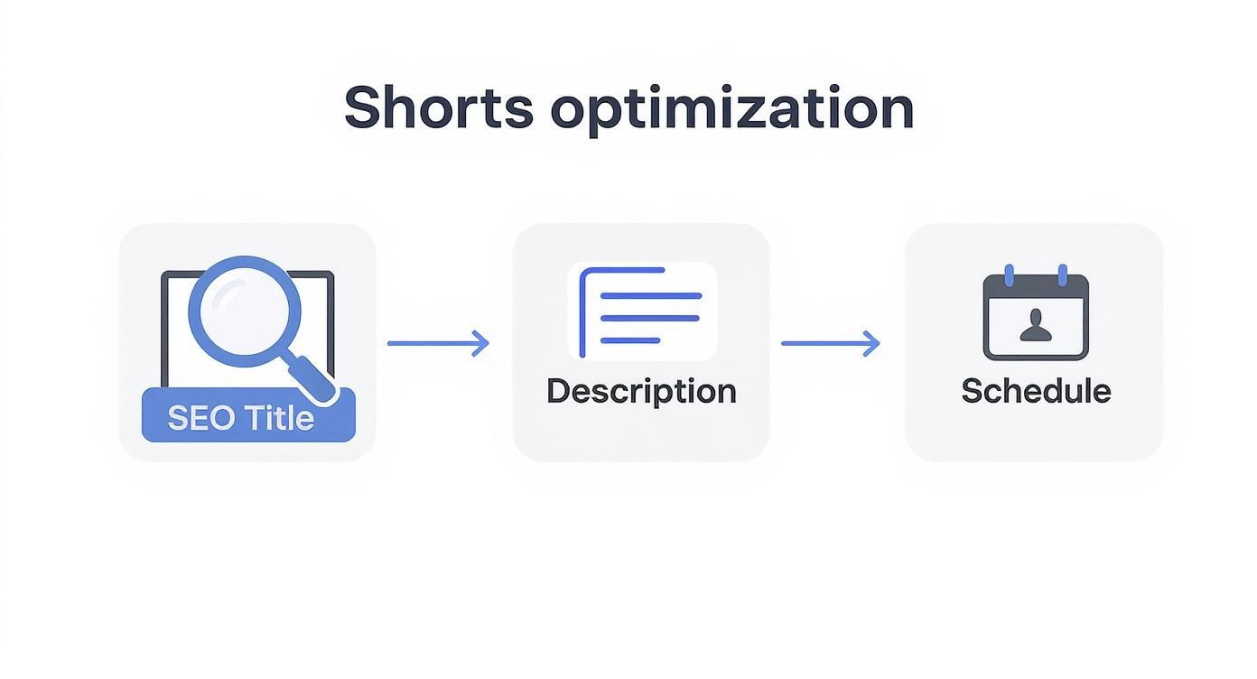 YouTube Shorts optimization workflow showing SEO title, description, and scheduling process with icons and arrows
