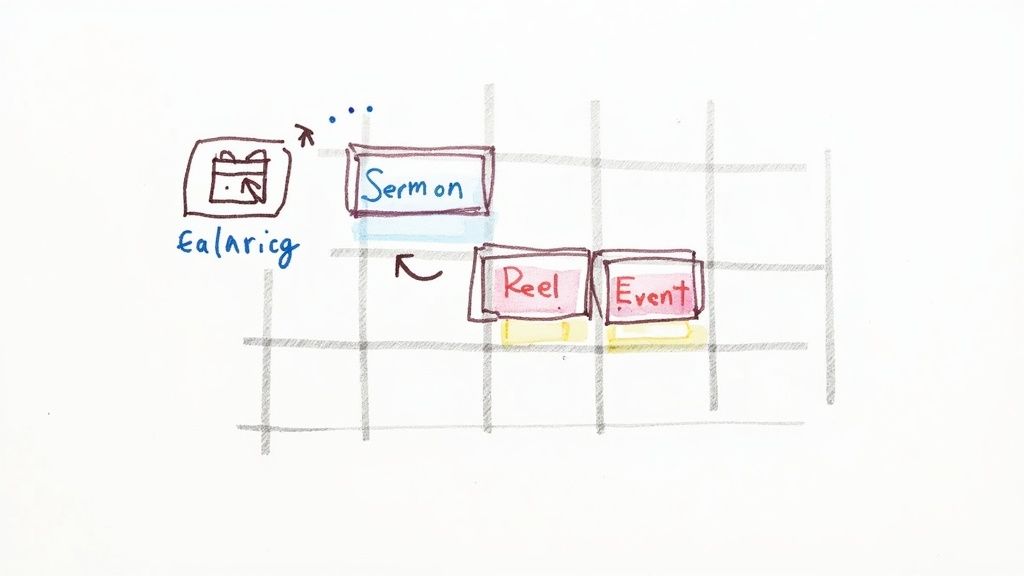 Hand-drawn social media content calendar diagram showing sermon, reel, and event posts organized on grid
