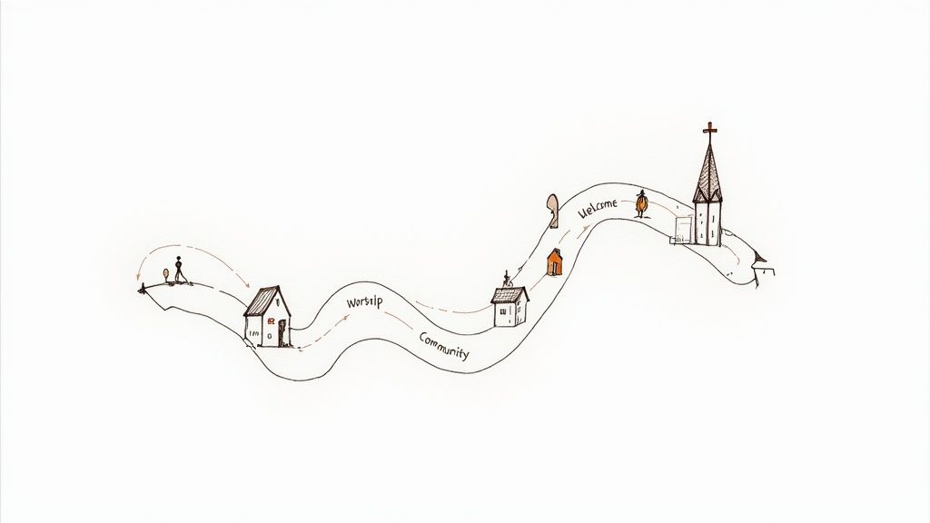Hand-drawn illustration showing a winding path connecting small houses to a church representing community worship journey