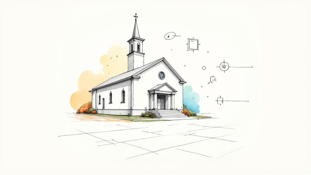 A line drawing of a white church with a steeple, colorful accents, and floating architectural symbols.
