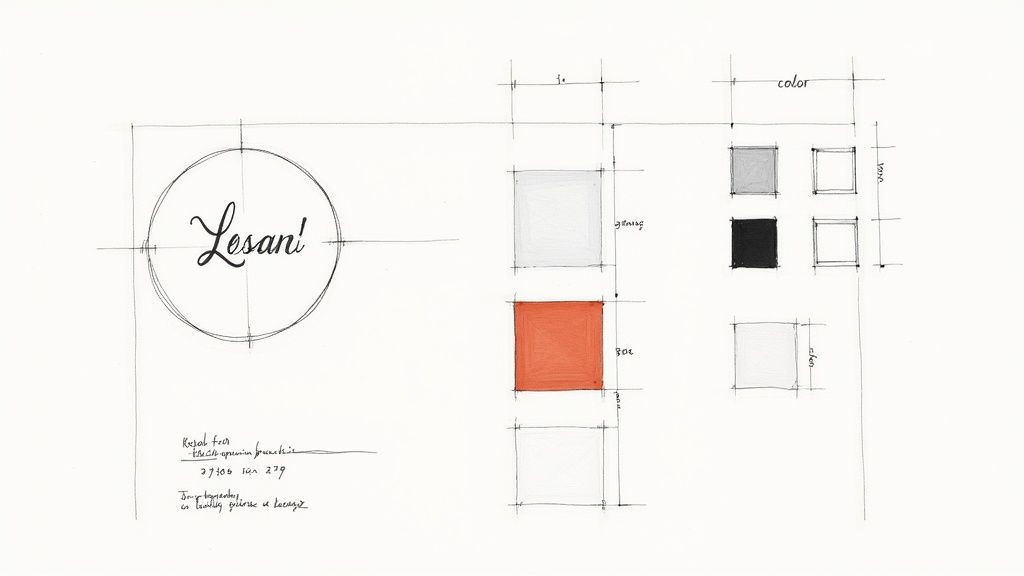 Hand-drawn branding sketch with 'Lesan!' logo, color palette, and layout guidelines on a white background.