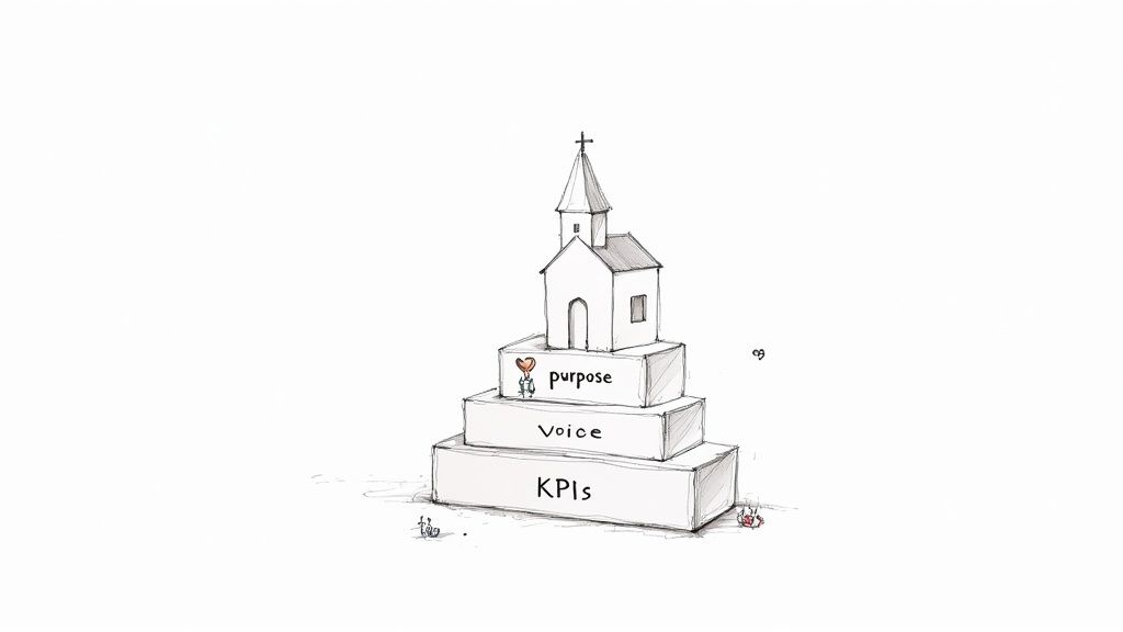 Hand-drawn diagram of a strategy pyramid, featuring KPIs, Voice, purpose, and a church.