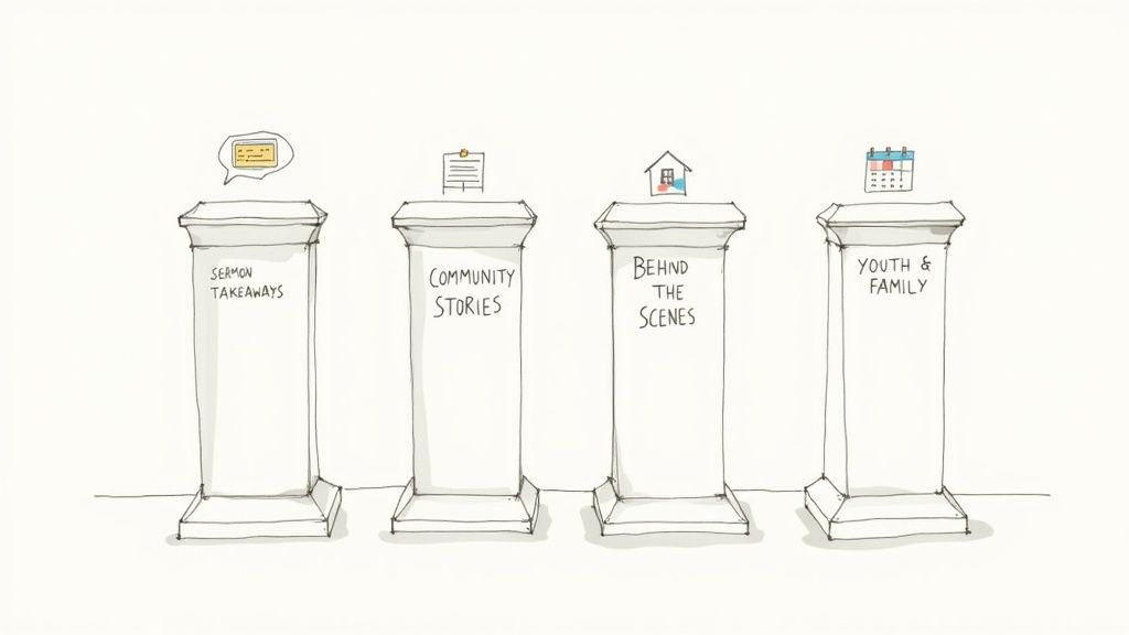 Four content pillars are shown, representing sermon takeaways, community stories, behind the scenes, and youth and family.