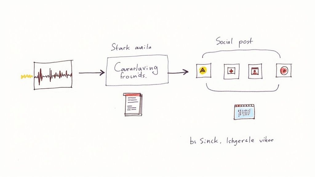 A hand-drawn diagram illustrating a workflow from an audio waveform input to various social media post icons.