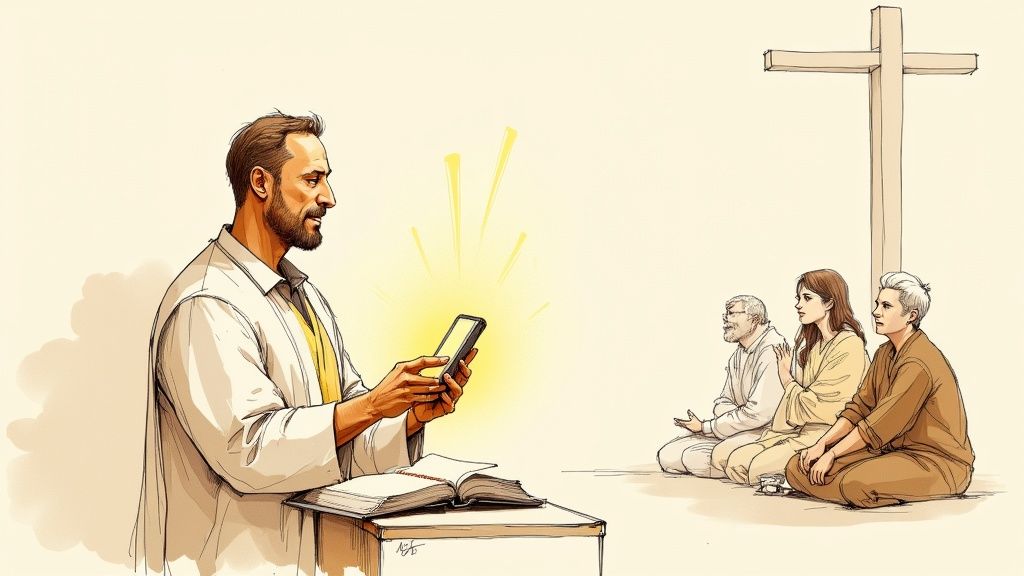 A man teaches a small group, blending traditional book learning with a glowing smartphone.