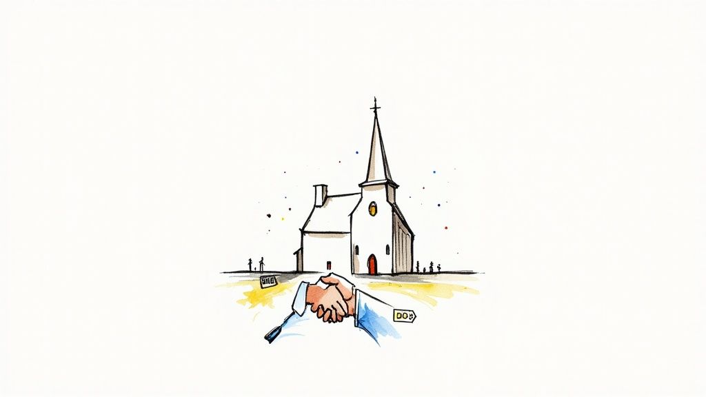 Watercolor illustration of a white church with a steeple, and two hands shaking in the foreground.
