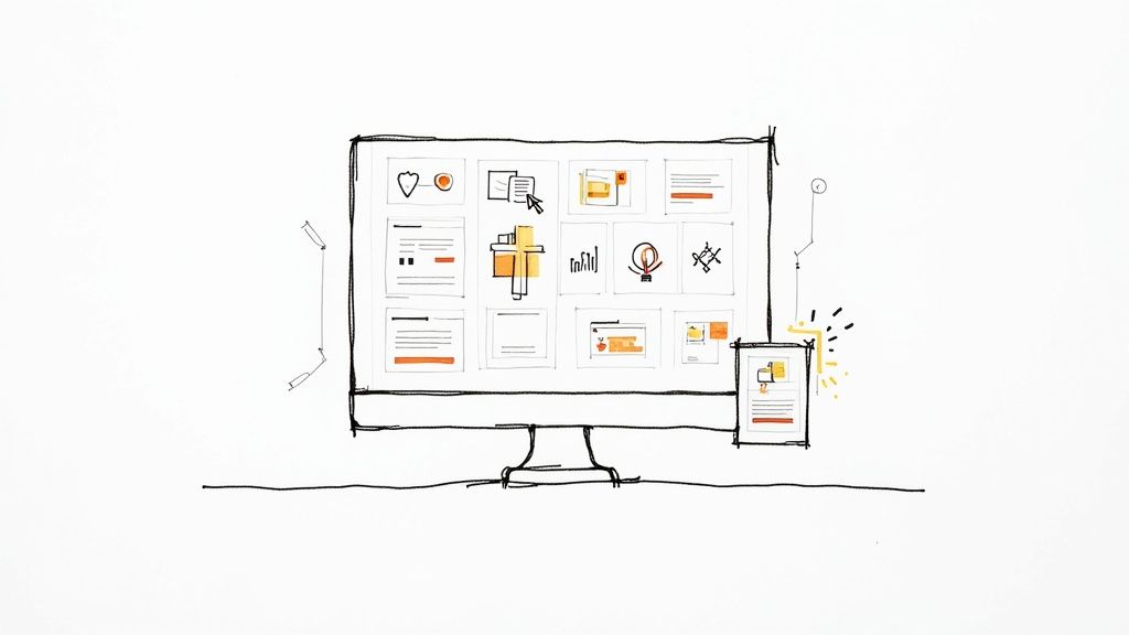 A hand-drawn sketch of a computer monitor displaying various application interfaces with orange accents.