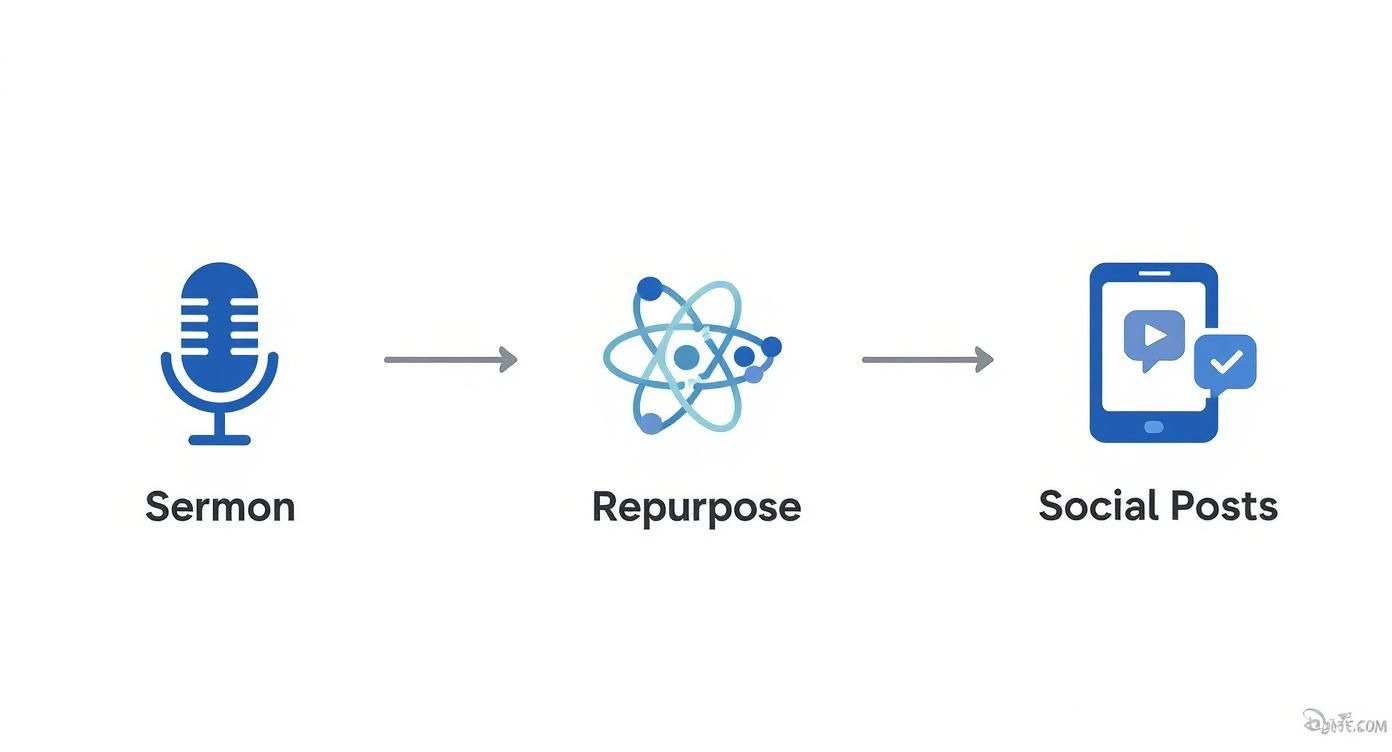 Diagram illustrating a sermon (microphone icon) being repurposed (atom icon) into social media posts (phone icon).