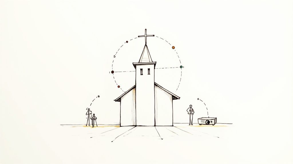 A simple drawing of a church with people using media equipment and orbiting data points.