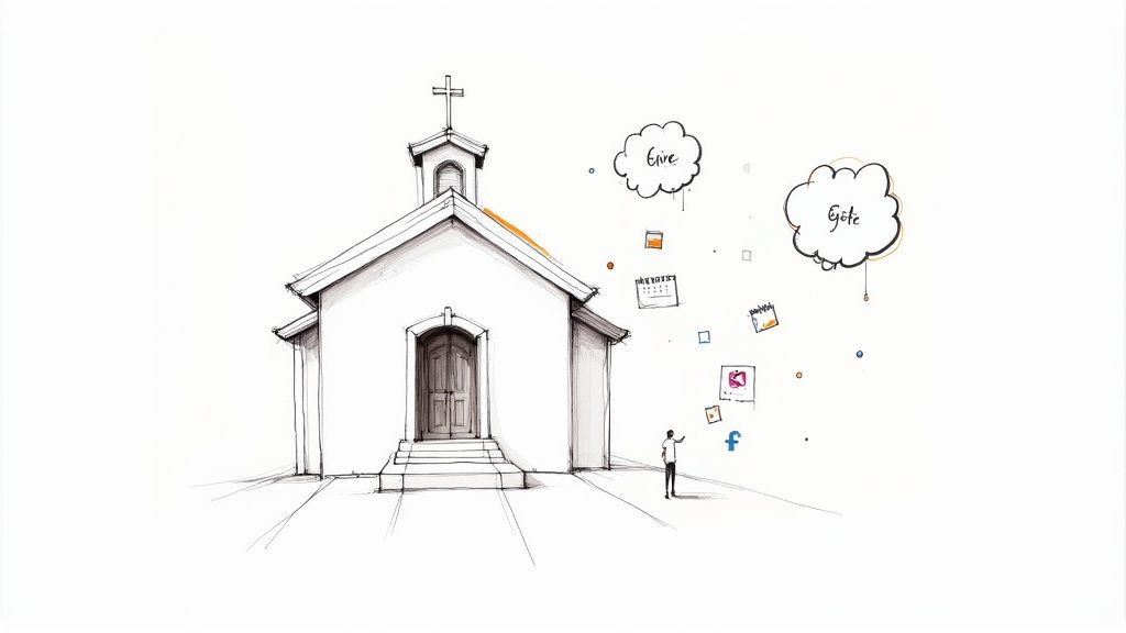 Conceptual drawing of a church and a person engaging with various digital media elements.