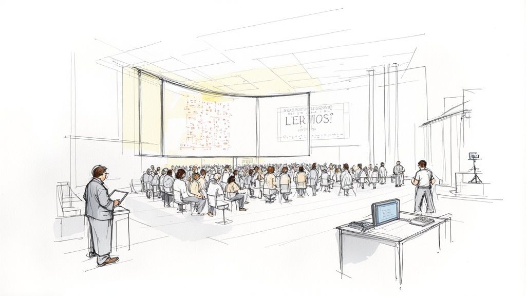 Sketch of a speaker presenting to an audience in a large conference hall with screens.
