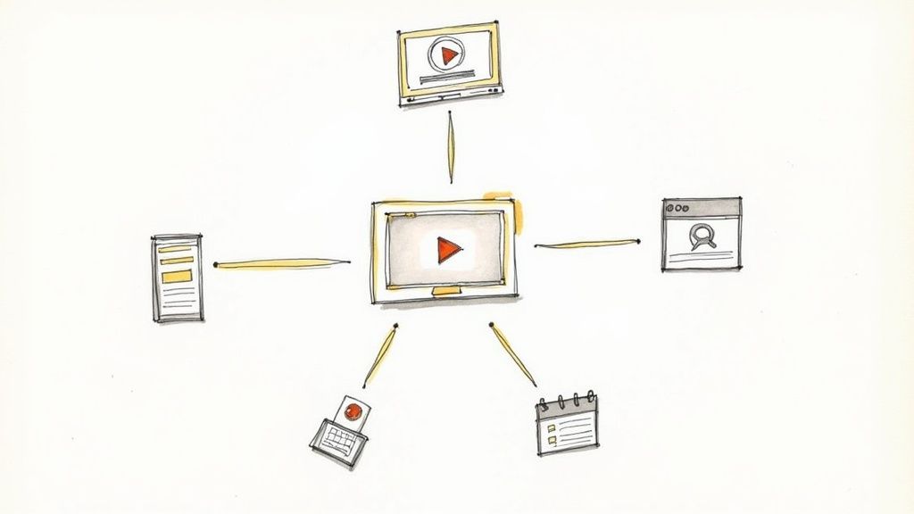 A hand-drawn diagram illustrating a central video content hub connecting to various digital platforms.