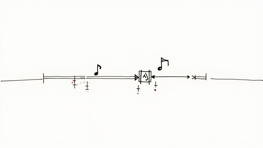 A diagram with a horizontal line, musical notes, arrows, and an 'AJ' box, representing a process flow.