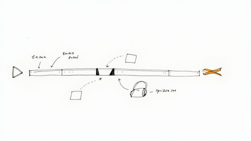 Hand-drawn technical diagram of a long strap or belt with labeled features and components.