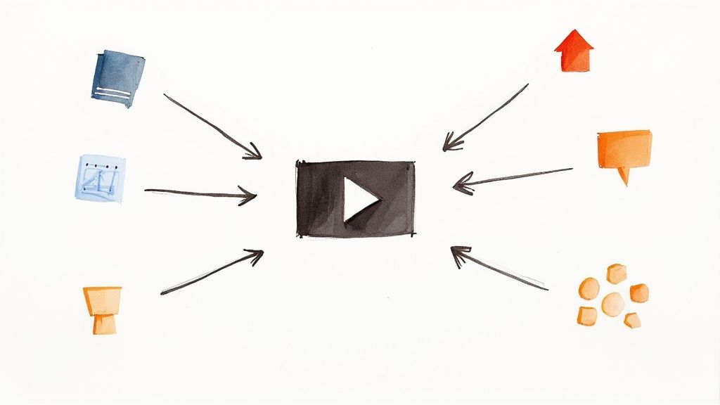A diagram showing inputs like documents and data creating a video, distributed to various audiences.